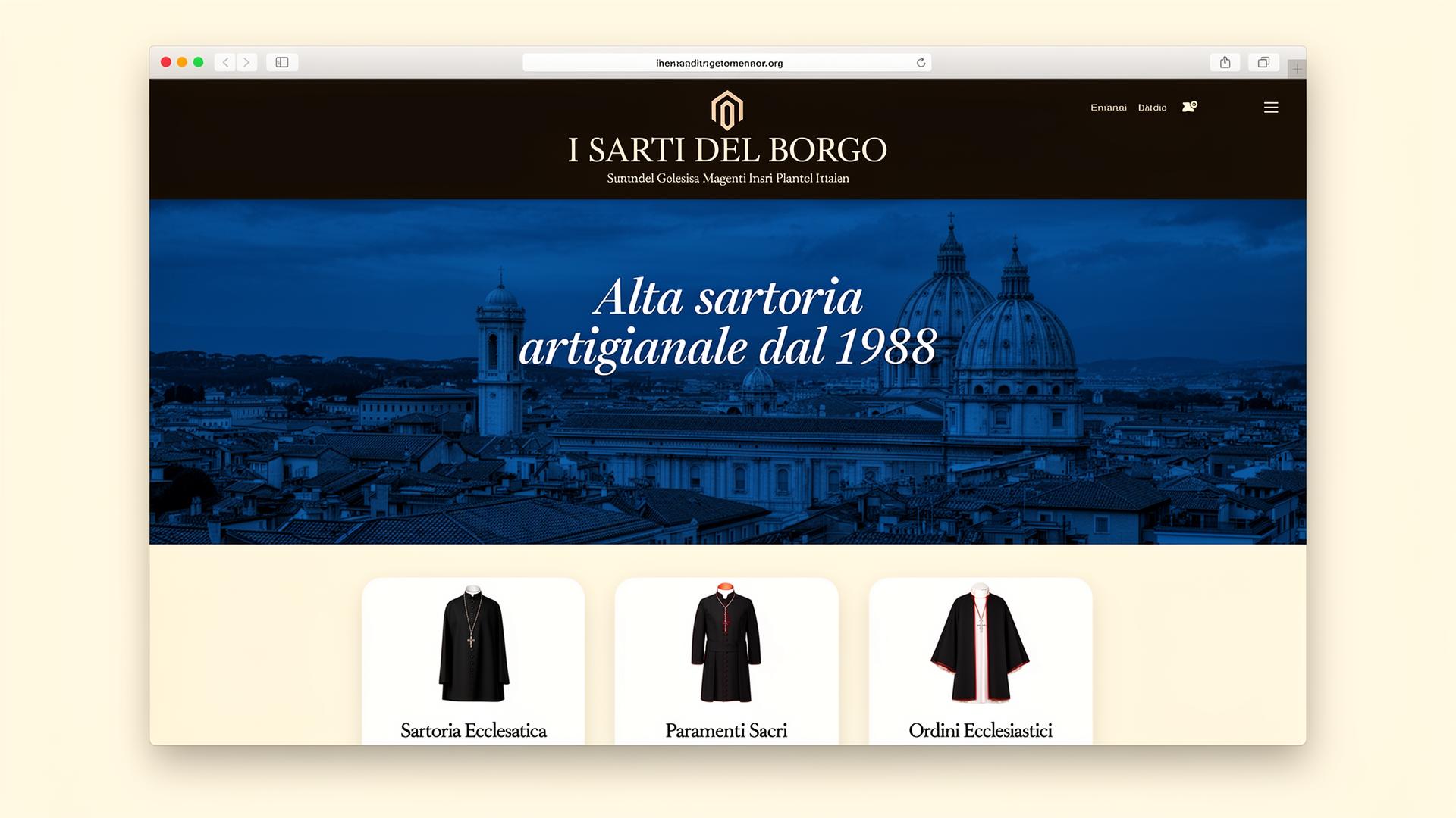 I Sarti del Borgo — homepage Magento ridisegnata con hero cinematic sui tetti di Roma e tre categorie liturgiche