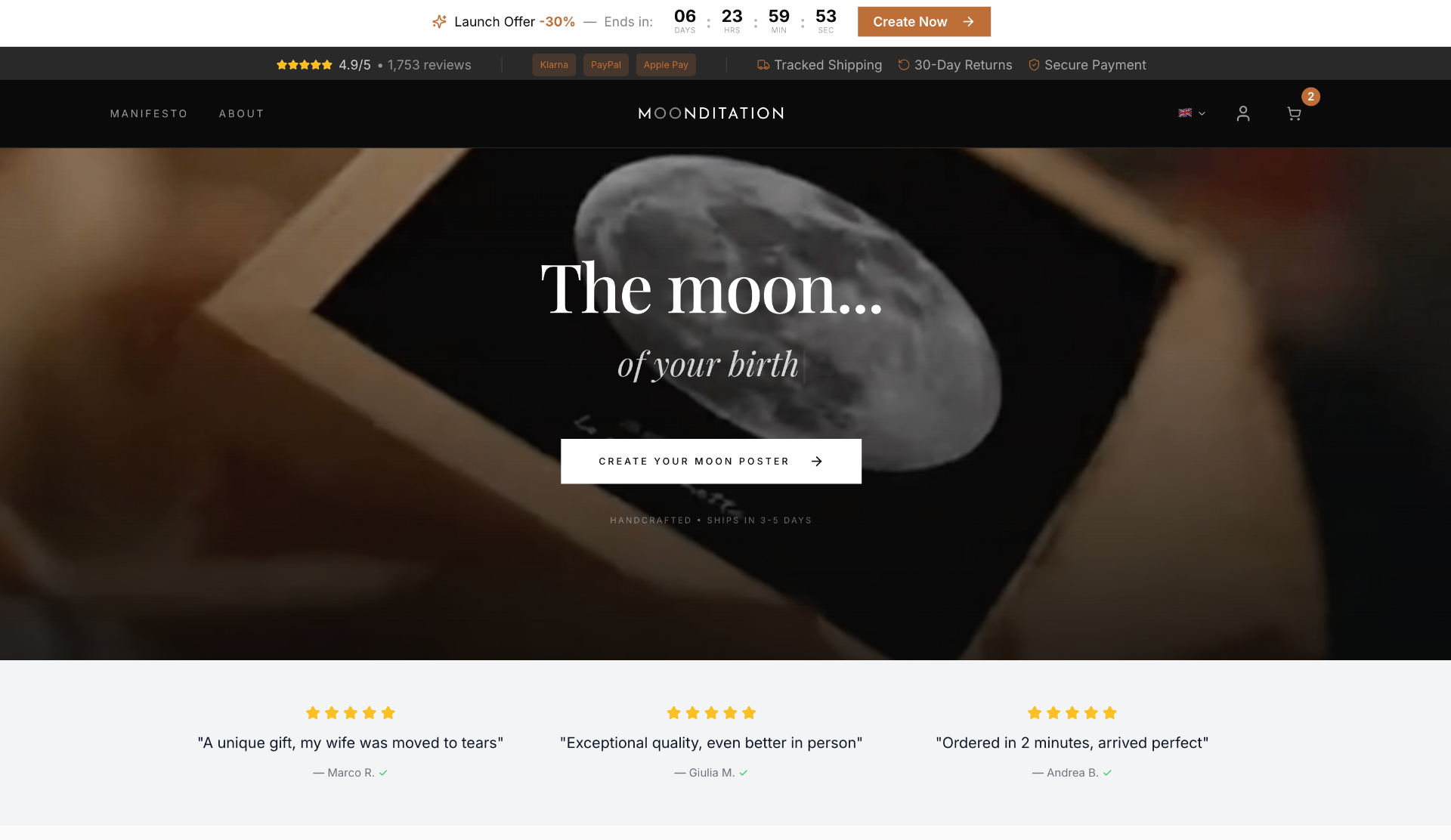 Moonditation — homepage hero con countdown launch offer e poster lunare