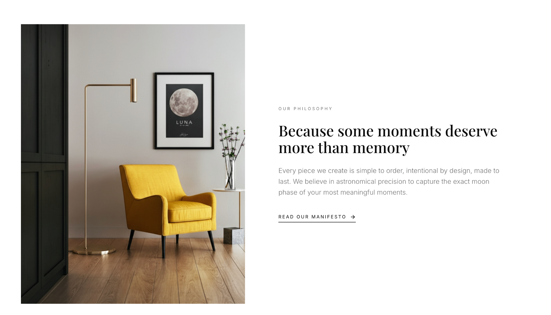 Moonditation — sezione philosophy con poster Luna e poltrona gialla iconica