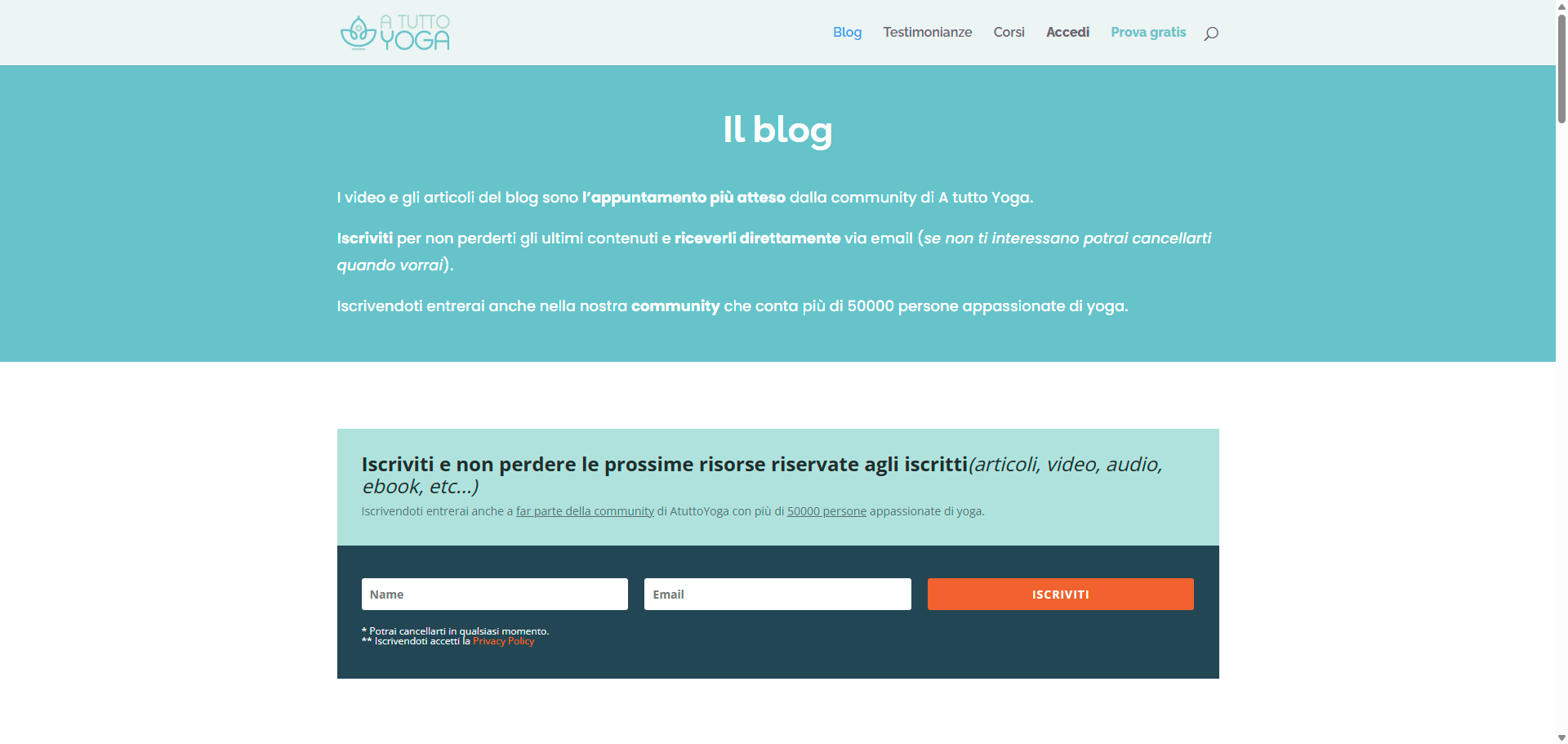 A Tutto Yoga — header del sito e pagina blog