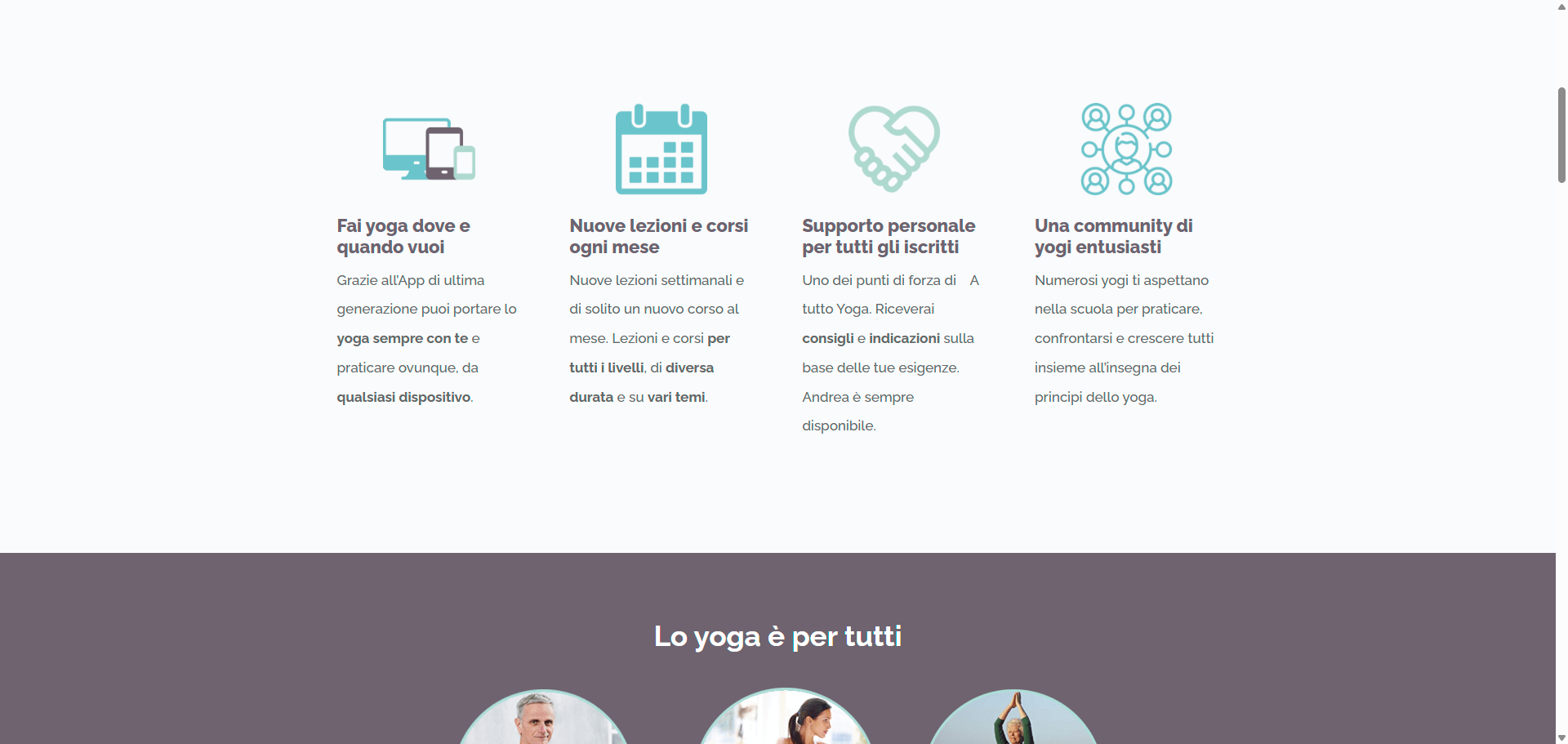 A Tutto Yoga — quattro promesse e sezione "Lo yoga è per tutti"