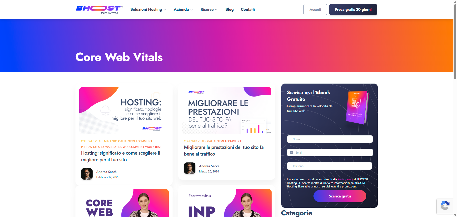 Bhoost — Sezione Core Web Vitals con guide e contenuti tecnici