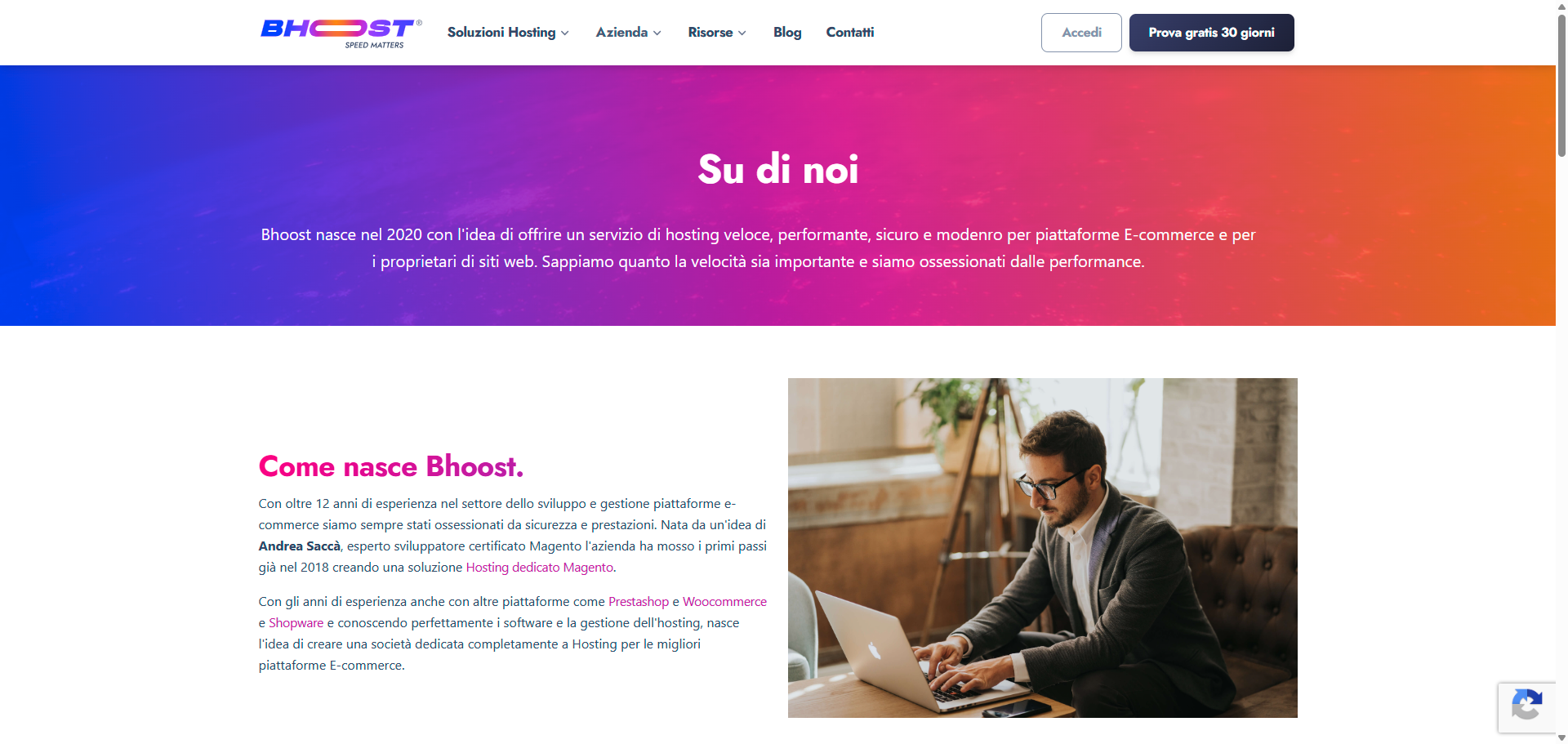 Bhoost — Pagina Su di noi: hosting performante per e-commerce dal 2020