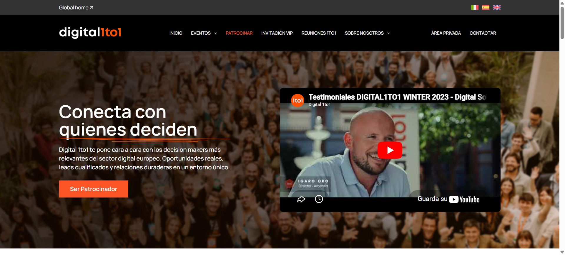 Digital 1to1 — landing sponsor "Conecta con quienes deciden" con video testimonial