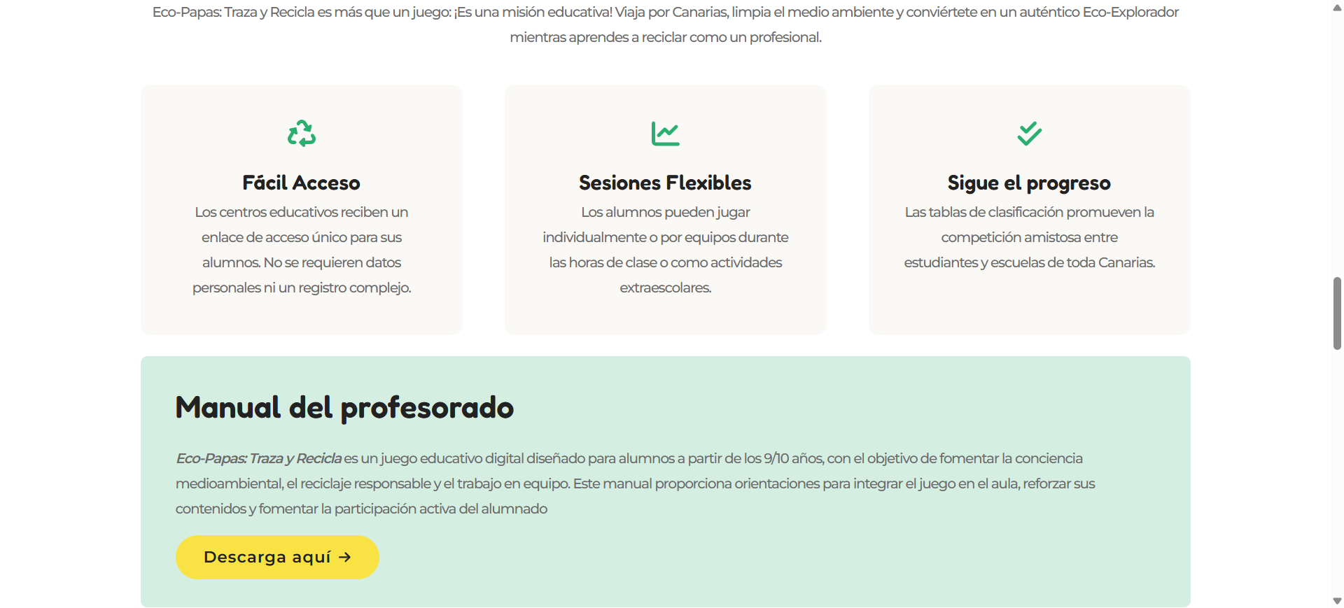 Sezione progetto educativo Eco-Papas con feature card per docenti