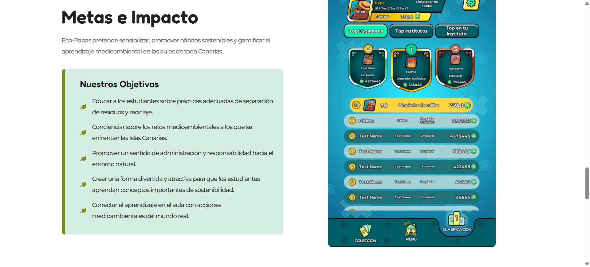 Sezione Metas e Impacto con leaderboard del gioco Eco-Papas