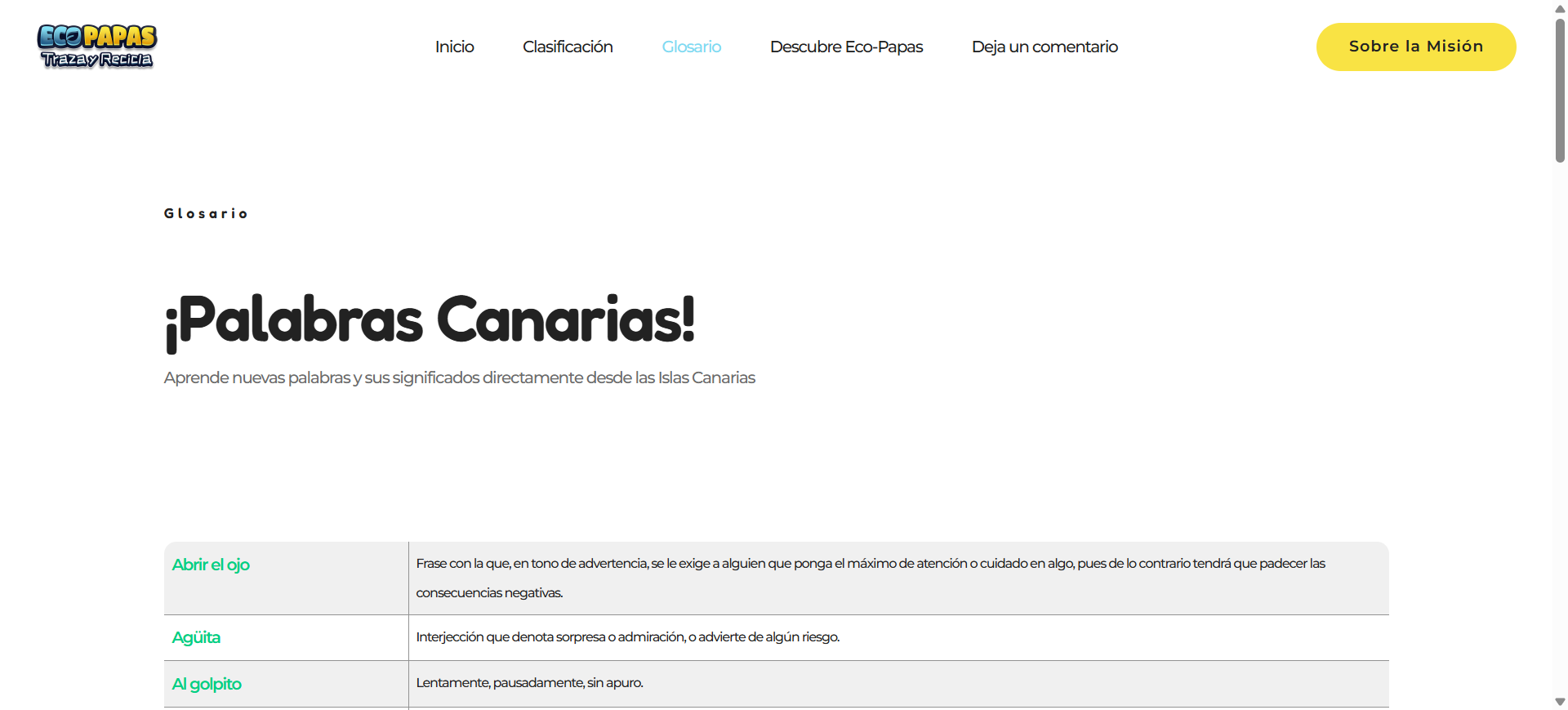 Sezione Glosario con palabras canarias del progetto
