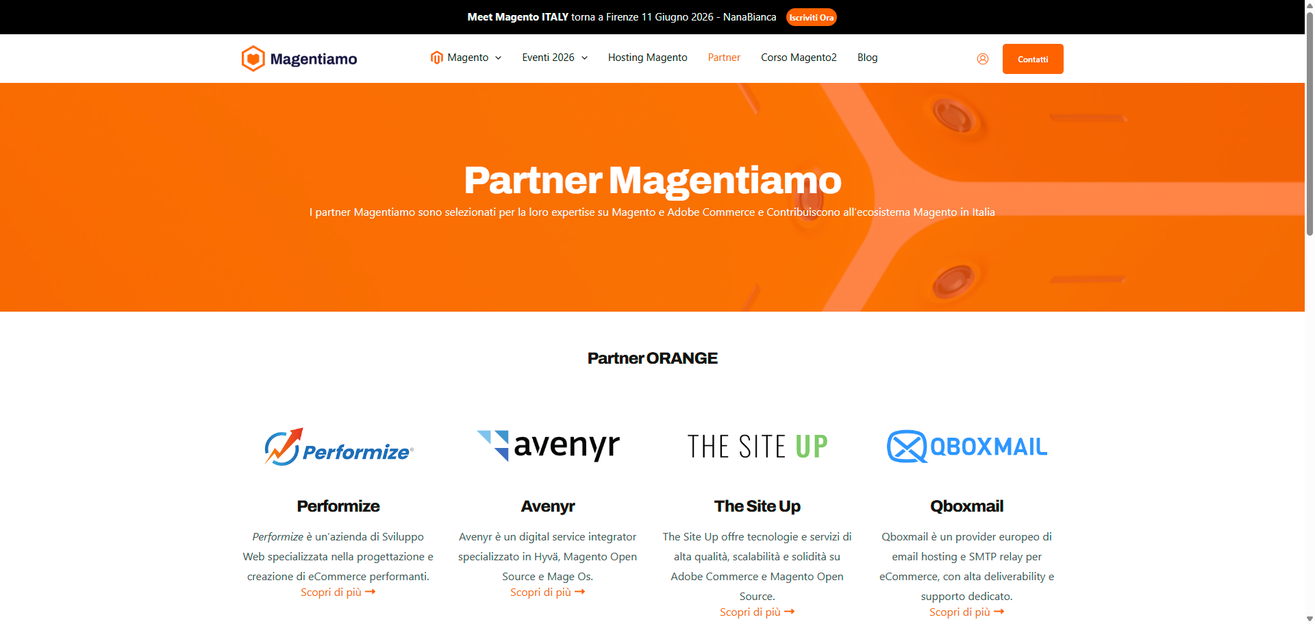 Magentiamo — pagina Partner ORANGE con Performize, Avenyr, The Site Up, Qboxmail