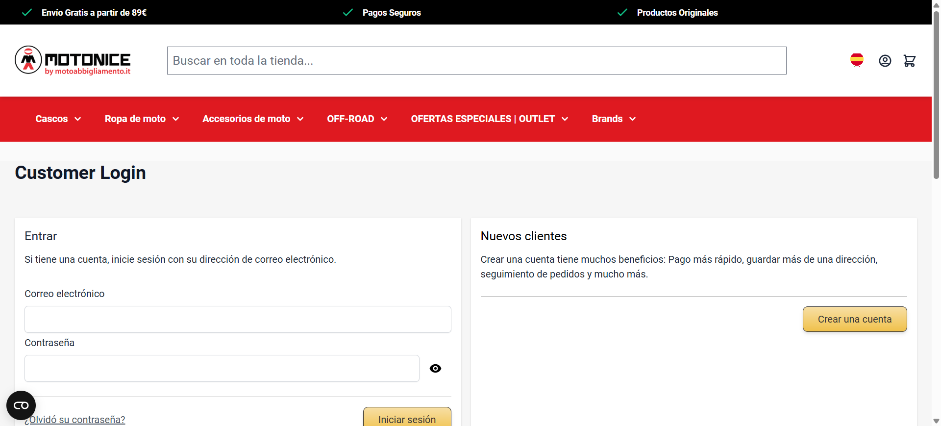 Customer Login di Motonice — header MOTONICE su sfondo bianco, navigazione rossa con categorie Cascos, Ropa de moto, Accesorios, OFF-ROAD, Brands e form di accesso cliente in spagnolo