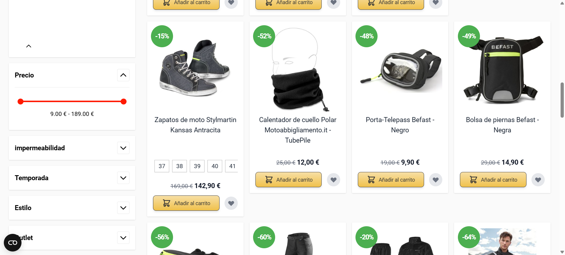 Listing prodotti Motonice — schede con badge sconto verdi (-15% −52% −48% −49%), filtri Precio/Temporada/Estilo a sinistra, prezzi crossed-out e CTA gialla "Añadir al carrito"