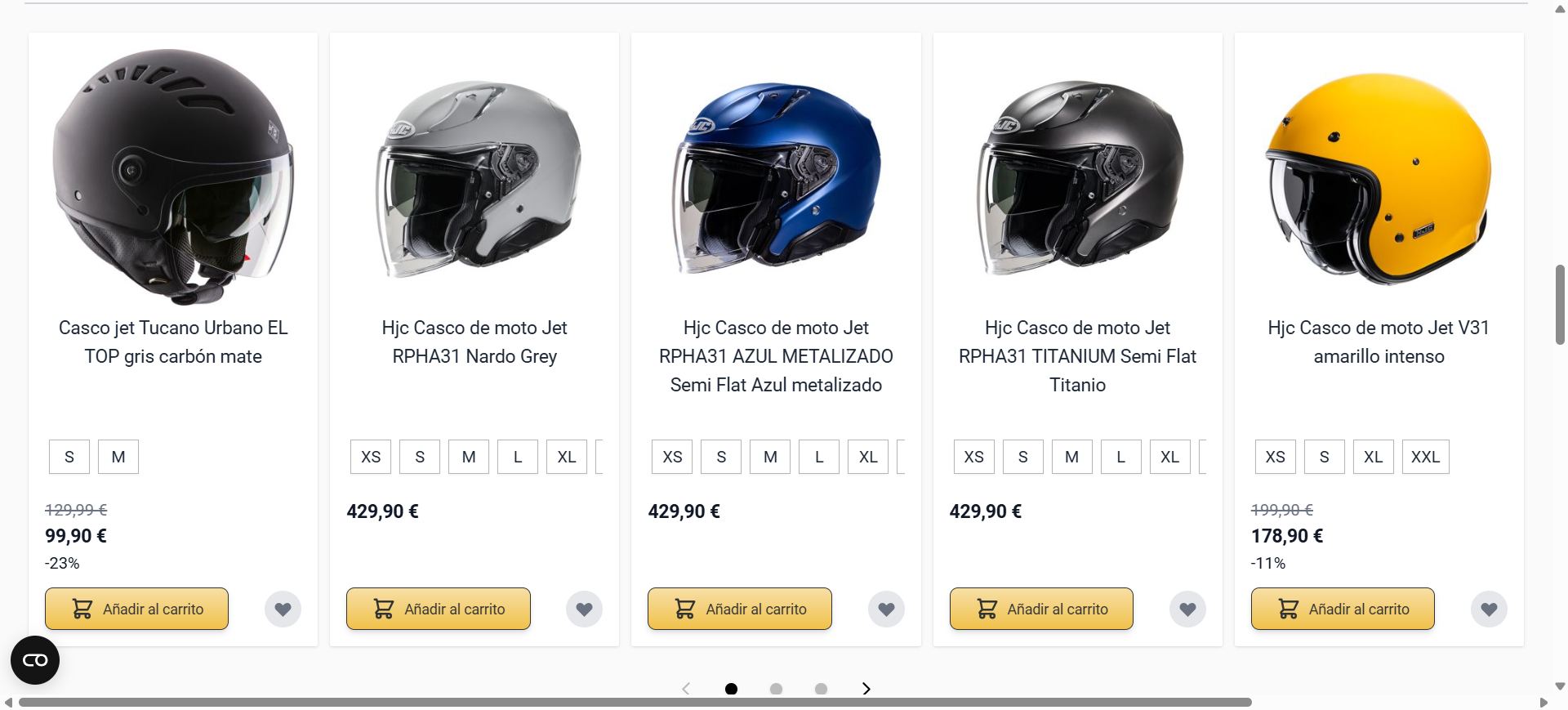 Carosello caschi jet Motonice — 5 caschi HJC RPHA31 e Tucano Urbano con selettore taglie XS/S/M/L/XL, prezzi €99,90 €178,90 €429,90 e CTA gialla "Añadir al carrito"
