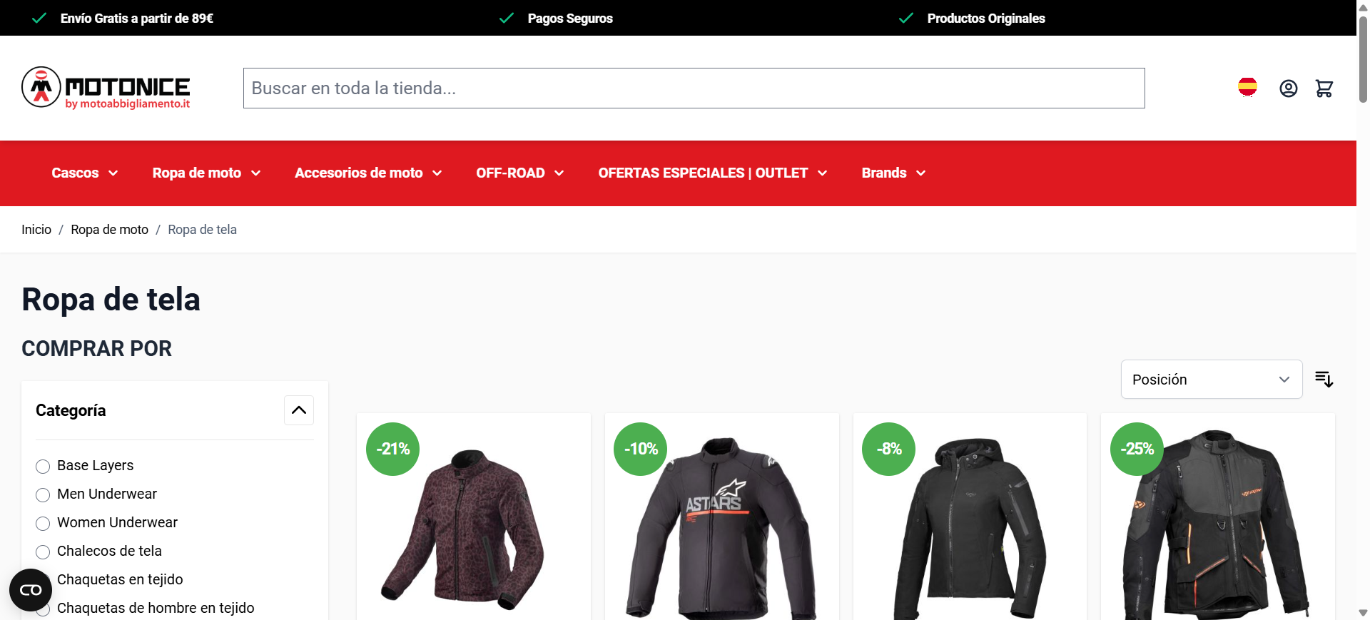 Categoria Ropa de tela su Motonice — breadcrumb Inicio › Ropa de moto › Ropa de tela, sidebar filtri Categoría con Base Layers/Underwear/Chalecos/Chaquetas e griglia giacche moto con badge sconto