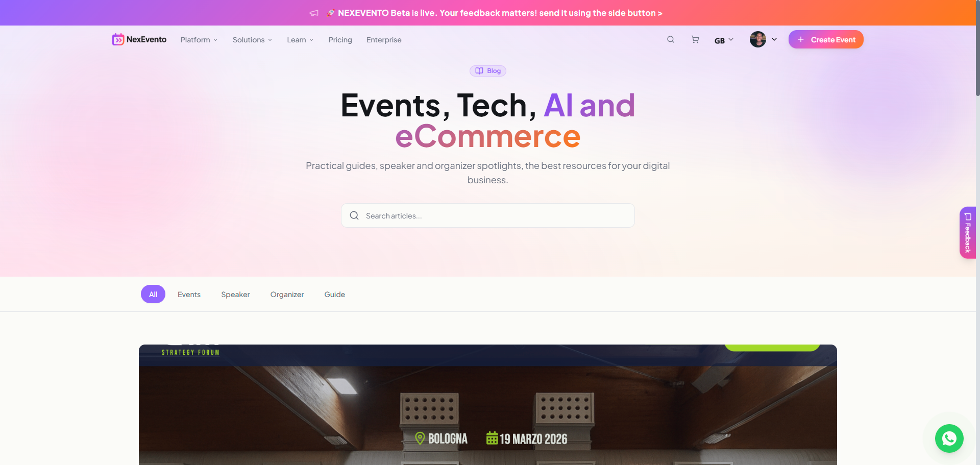 NexEvento — homepage blog "Events, Tech, AI and eCommerce"