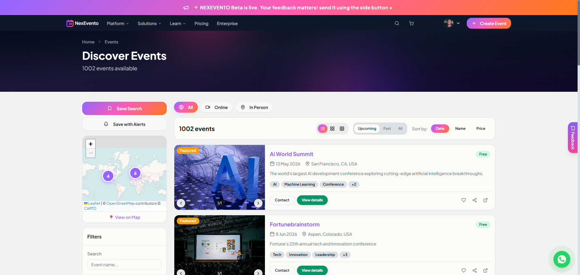 NexEvento — pagina Discover Events con mappa e filtri