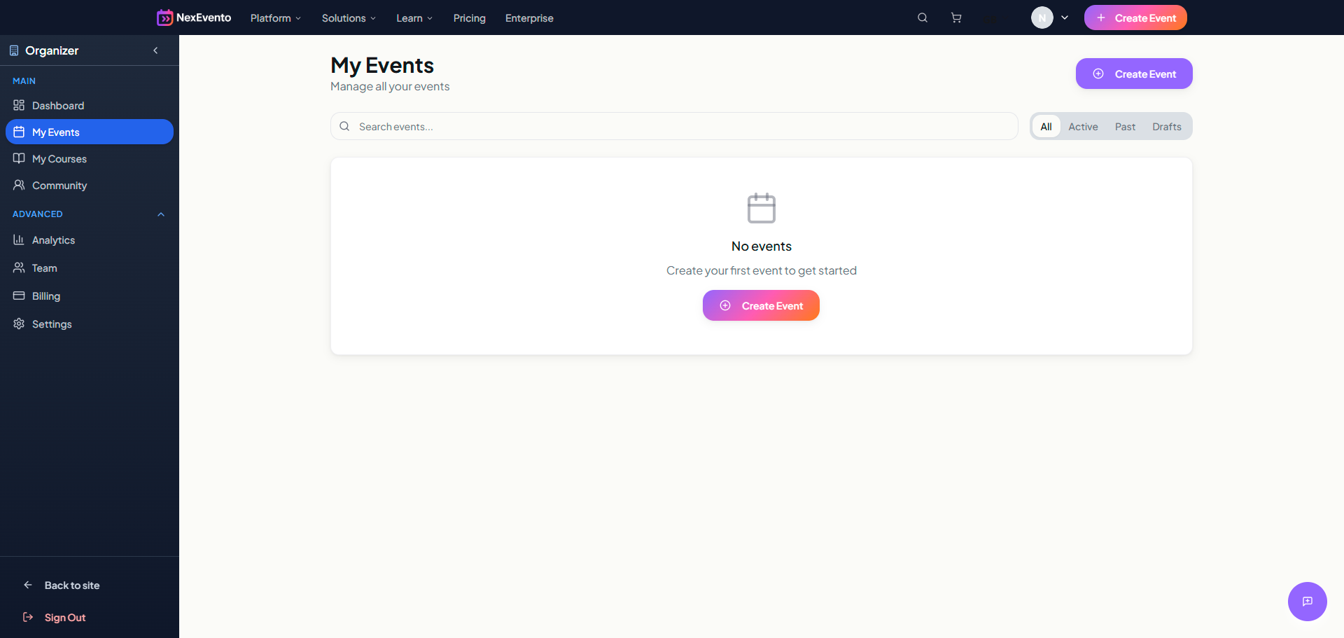 NexEvento — area organizzatore: My Events