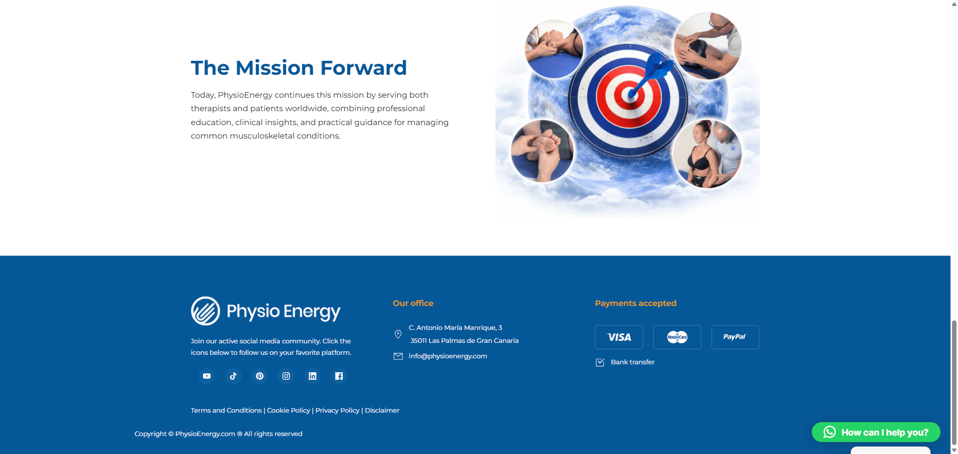 PhysioEnergy — sezione Mission Forward e footer