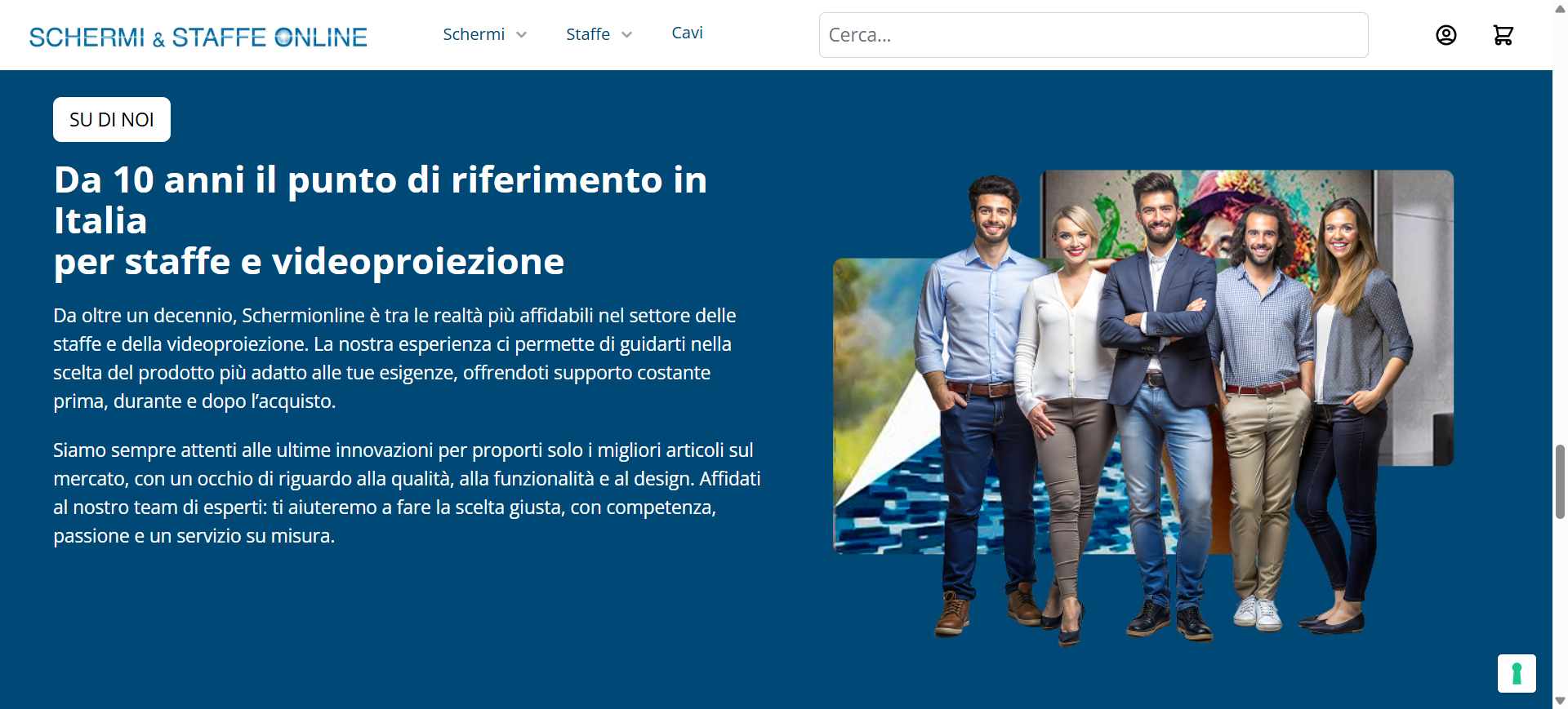 Schermionline — sezione "Su di noi" con team e payoff decennale