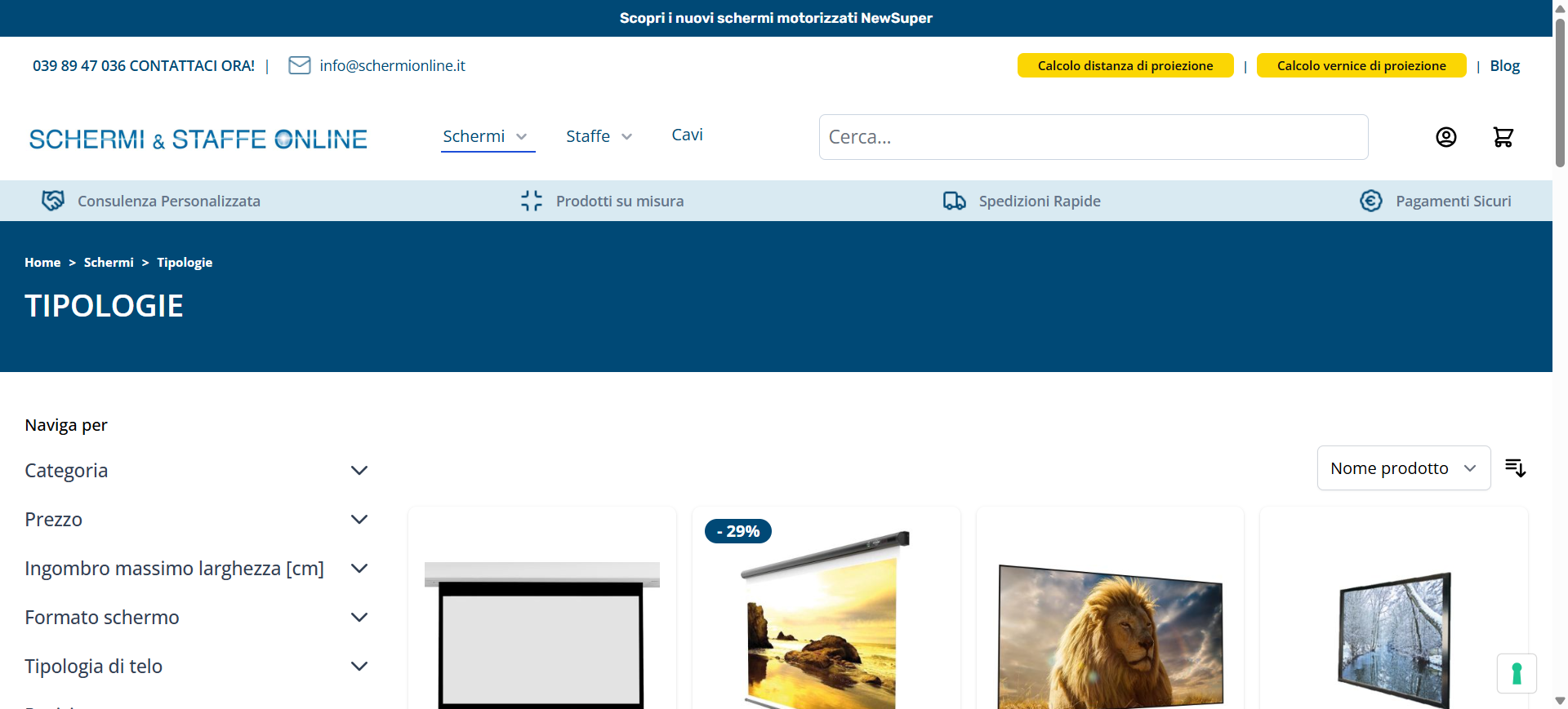 Schermionline — listing tipologie schermi con filtri laterali