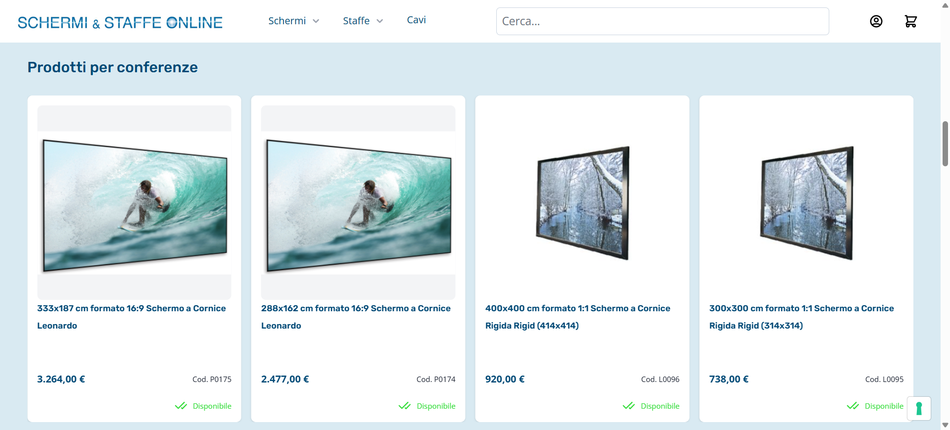 Schermionline — griglia prodotti per conferenze con prezzi e disponibilità