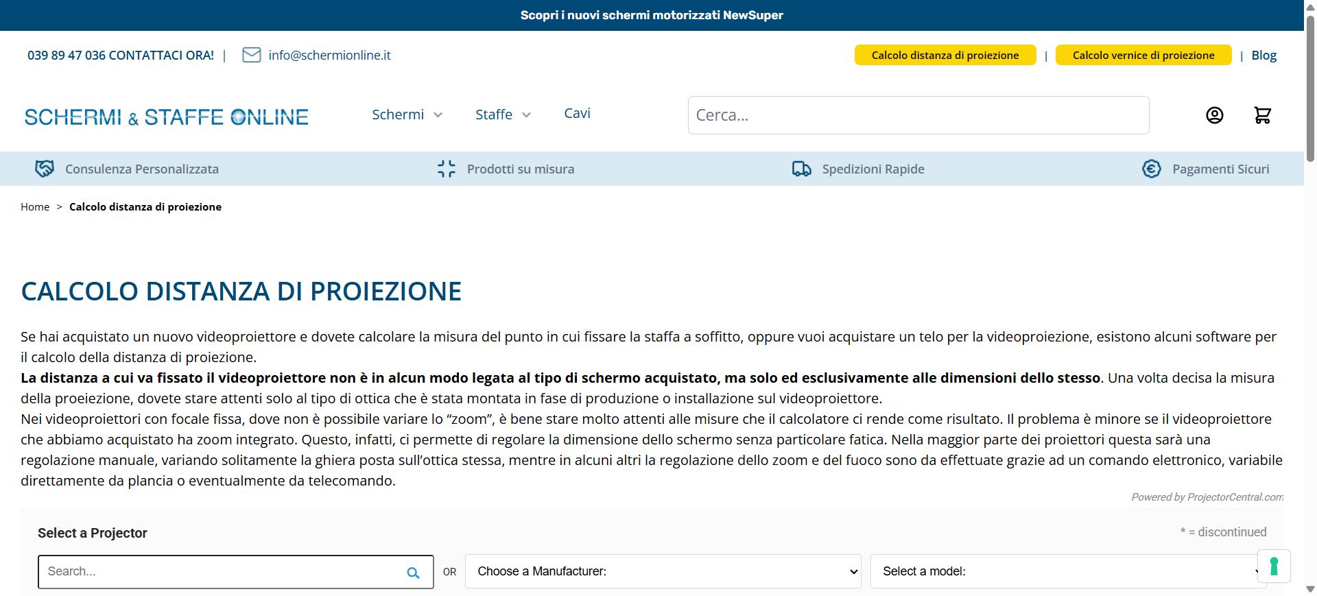 Schermionline — tool calcolo distanza di proiezione