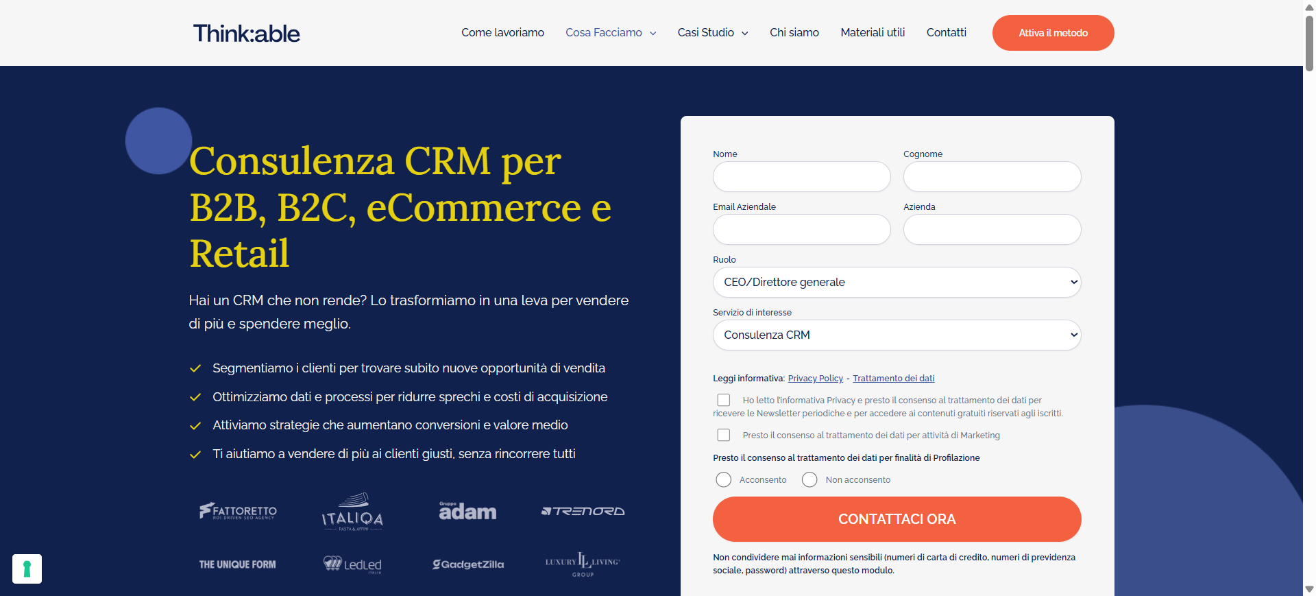 Pagina Consulenza CRM con form lead integrato in Pipedrive